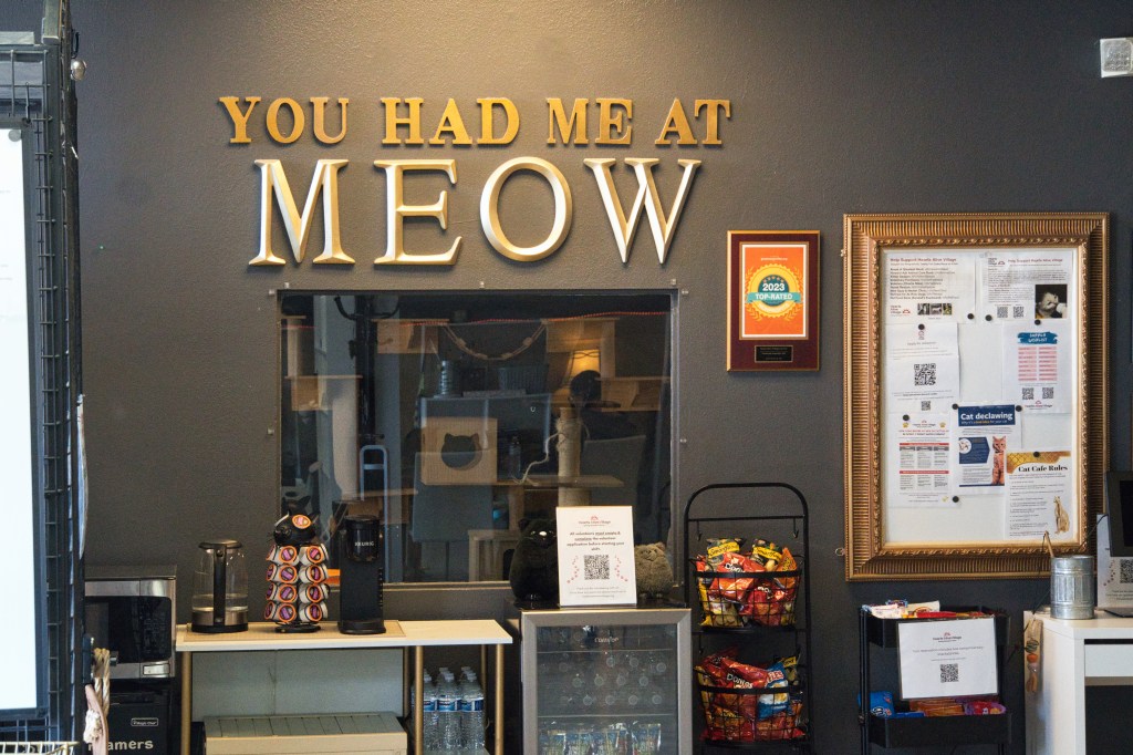 a sign saying "you had me at meow"